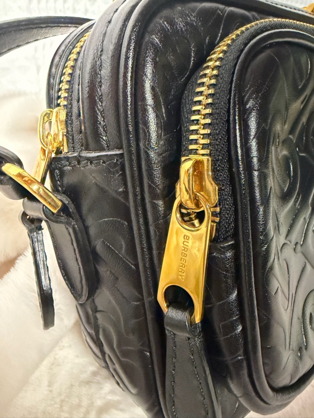 Burberry Monogram Embossed Leather Camera Bag Black Gold Chain Crossbody - Picture 2 of 13